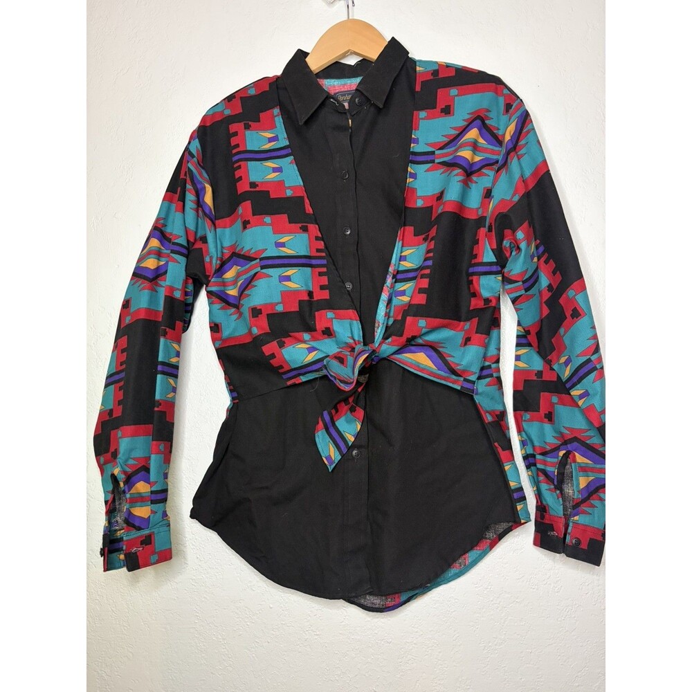 Vintage Panhandle Slim Shirt Womens Small Tie Western Aztec Rodeo Button Up USA